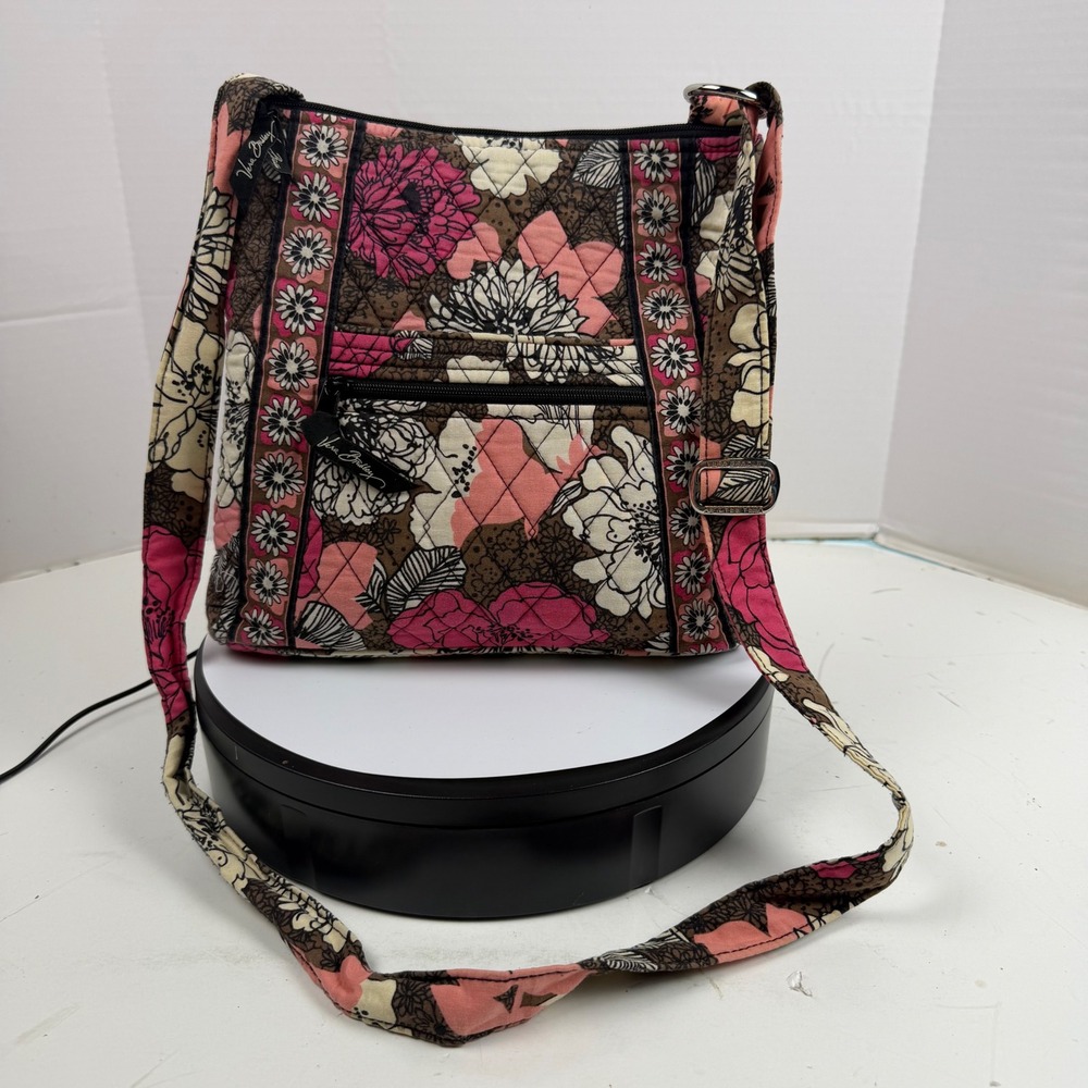 Vera Bradley Mocha Rouge Hipster Floral Quilted Cotton Crossbody Bag Pink White